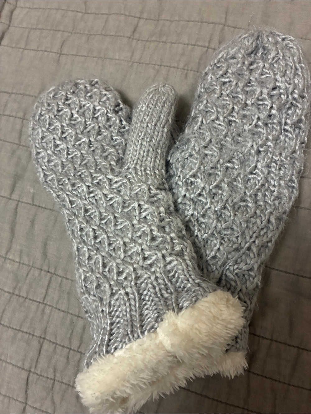 Time and Tru Light Gray Knit Faux-Fur Lined Mittens